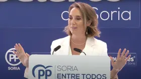 Cuca Gamarra en una comparecencia pública con motivo de su visita a la sede del PP en Soria.