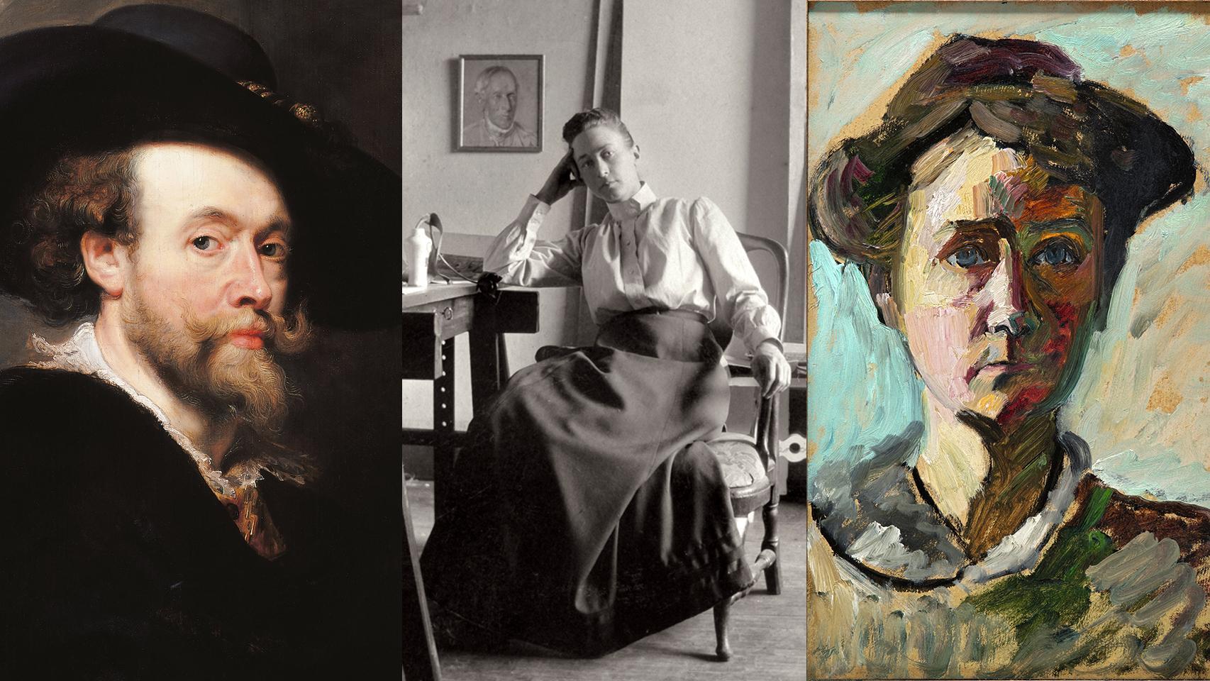 De izda. a dcha., autorretrato de Rubens, 1623, Royal Collection; fotografía de la artista sueca Hilma af Klint en su estudio en Estocolmo (cortesía The Hilma af Klint Foundation. ©The Hilma af Klint Foundation, Bilbao 2024) y  autorretrato de Gabriele Münter, hacia 1908 (Museo Nacional Thyssen-Bornemisza, Madrid © Gabriele Münter, VEGAP, Madrid, 2024)