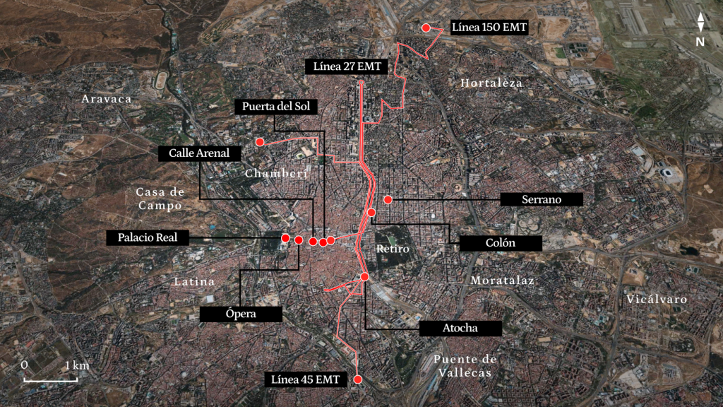 El mapa de las nuevas de zonas de Madrid en las que 'trabajan' los carteristas.