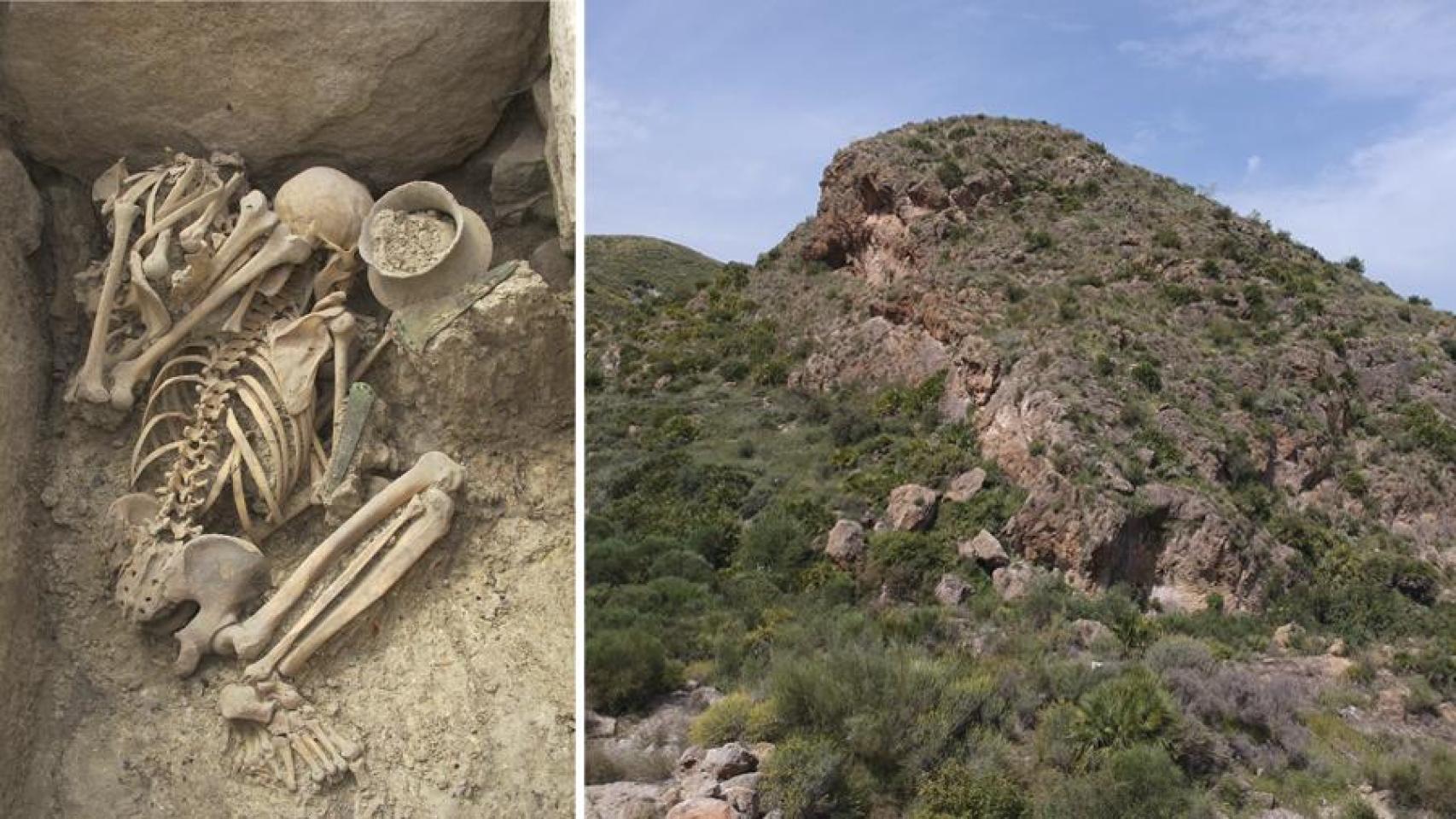 Izquierda: Tumba 80 del yacimiento de La Almoloya (Pliego, Murcia). Ejemplo de sepultura característica de la edad del bronce argàrica. Derecha: Yacimiento de Gatas (Turre, Almería), donde se halló una de las sepulturas argáricas más antiguas.