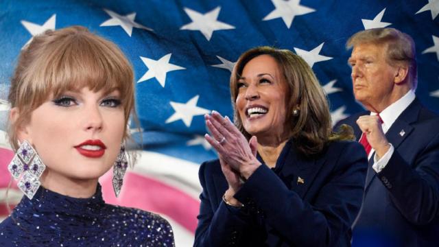 Taylor Swift, Kamala Harris y Donald Trump en un montaje de JALEOS.