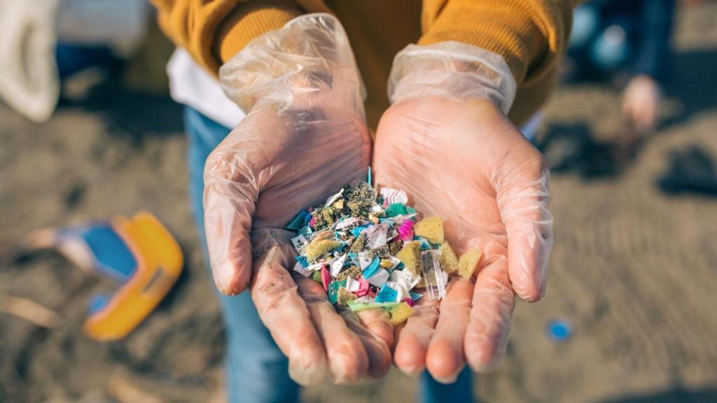 Imagen de unas manos sosteniendo microplásticos en la recogida de residuos de una playa.