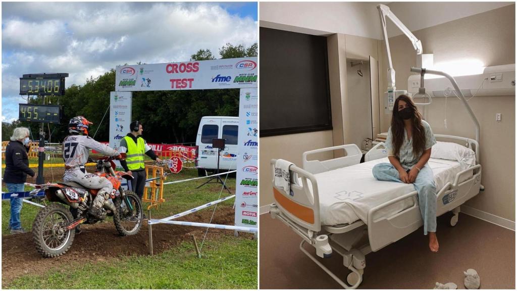 Sandra debutando en el campeonato España de Enduro en Lalin con tan solo 2 meses de moto / Sandra en fin de año , uno de sus ingresos quimioterápicos, le tocó tomar las uvas en el hospital y videollamada