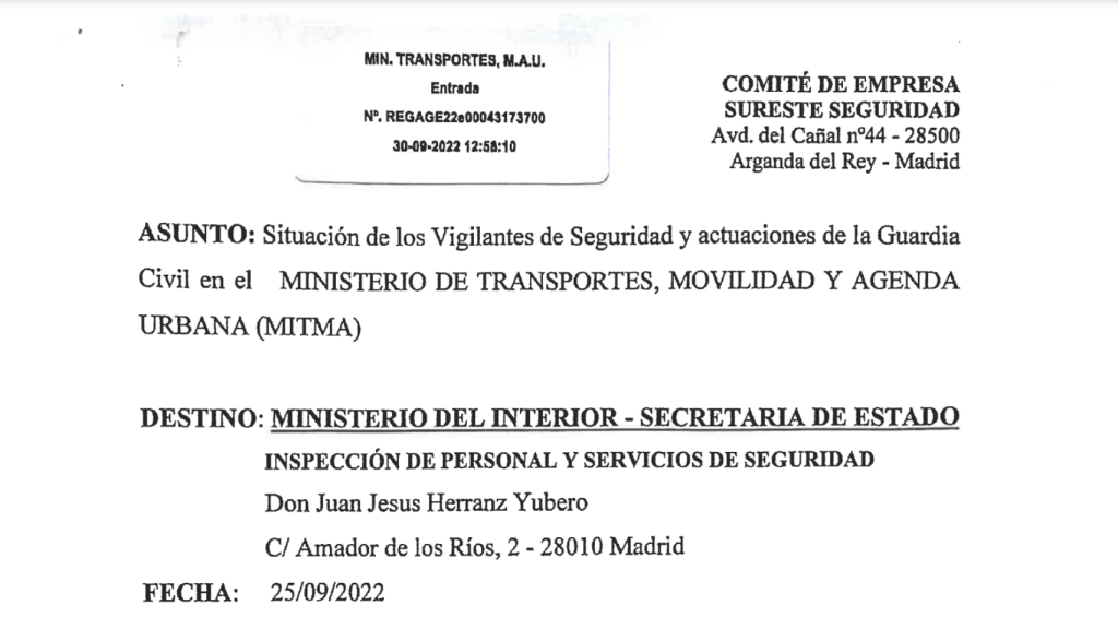 Denuncia del Comité de Empresa de los vigilantes de Seguridad del MITMA ante el Ministerio de Interior