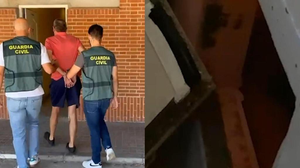 A la izquierda, César, arrestado por la Guardia Civil; a la derecha, la puerta de acceso al cuarto donde se encontró el cadáver de Raquel.