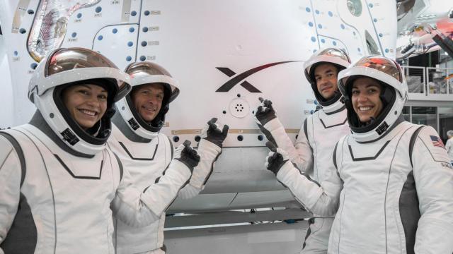 Los miembros de la tripulación Polaris Dawn con la cápsula de SpaceX