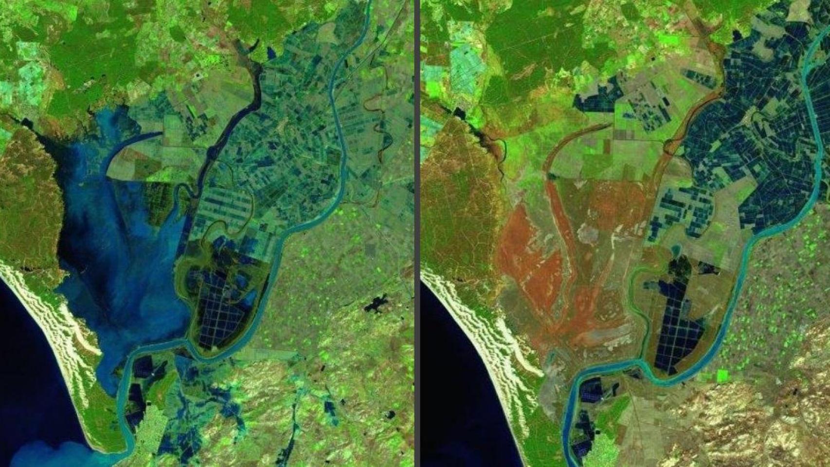 Imagen por satélite que muestra la diferencia en Doñana entre 2010 y 2020.