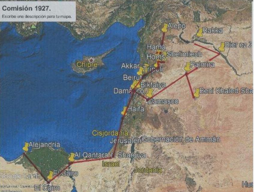 El mapa de la ruta que siguió la expedición de José Sevillano  para adquirir caballos árabes.