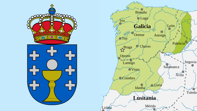 El escudo actual de Galicia junto al territorio del reino suevo de Gallaecia