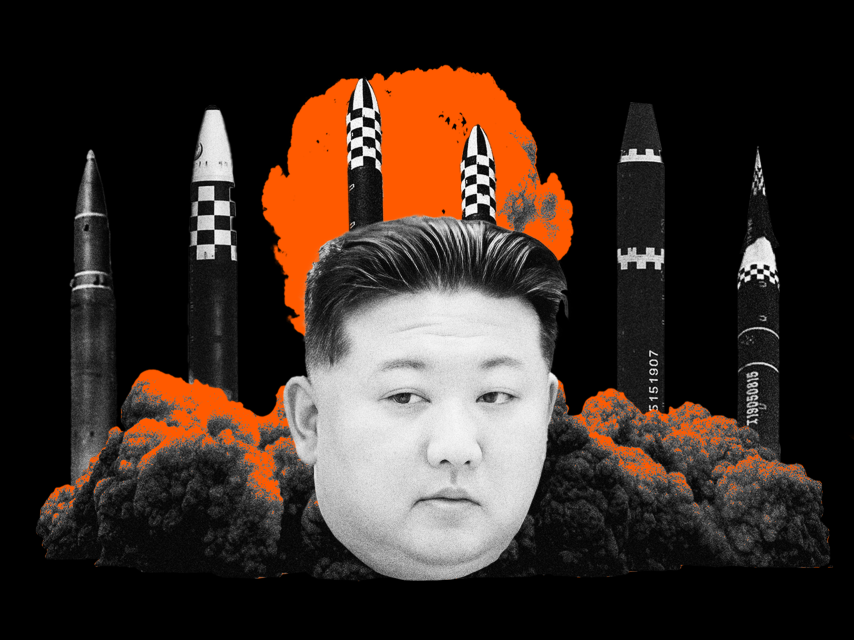 Ilustración con Kim Jong-un y selección de misiles nucleares de Corea del Norte