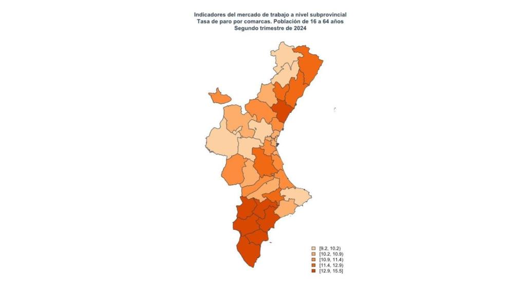 Tasa de paro por comarcas en el segundo trimestre de 2024.