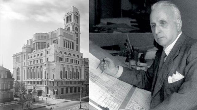 El arquitecto Antonio Palacios, junto a una vista del Círculo de Bellas Artes, una de sus obras más icónicas.