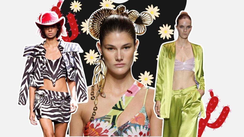 Ilustración collage con diseños de Dolores Cortés, Fely Campo y Paloma Suárez presentados en MBFWM SS 2025