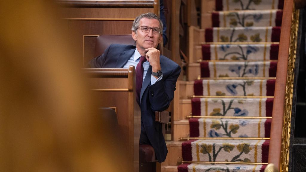 Alberto Núñez Feijóo, presidente del PP, en su escaño del Congreso durante la última sesión de control al Gobierno.