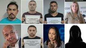 Arriba, de izquierda a derecha: Wilbert Joseph Castañeda, el español José María Basoa, el checo Jan Darmovzal, todos ellos detenidos, y María Teresa Clavijo, del movimiento Vente Venezuela. Abajo, en el mismo orden: Iván Simonovis, el otro español arrestado Andrés Martínez Adasme y la líder opositora María Corina Machado. La figura sombreada corresponde a Jessica Isabela Ponte Figuera, que habría participado en protestas postelectorales.