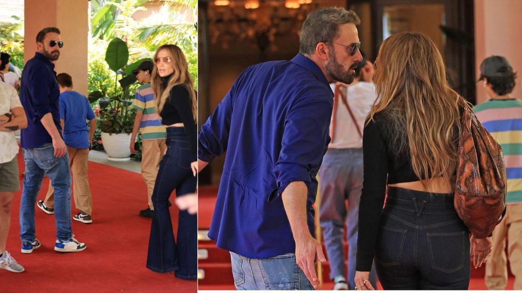 Ben Affleck y Jennifer Lopez en un fotomontaje de EL ESPAÑOL, llegando al hotel, el pasado sábado.