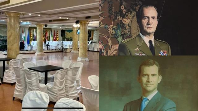 Imagen del salón Ponferrada Park junto a los retratos de Felipe VI y Juan Carlos I