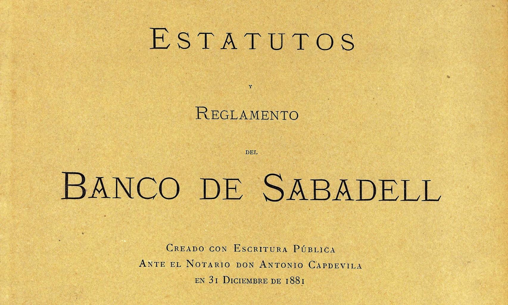 Detalle de la portada de los Estatutos del banco en 1881.