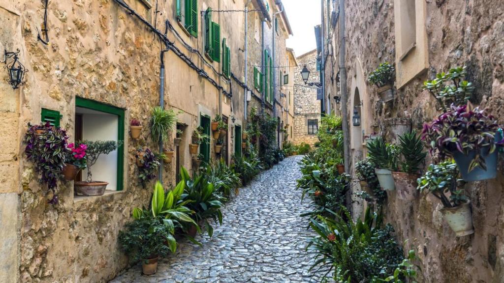 Pequeña calle de Palma de Mallorca decorada con plantas.