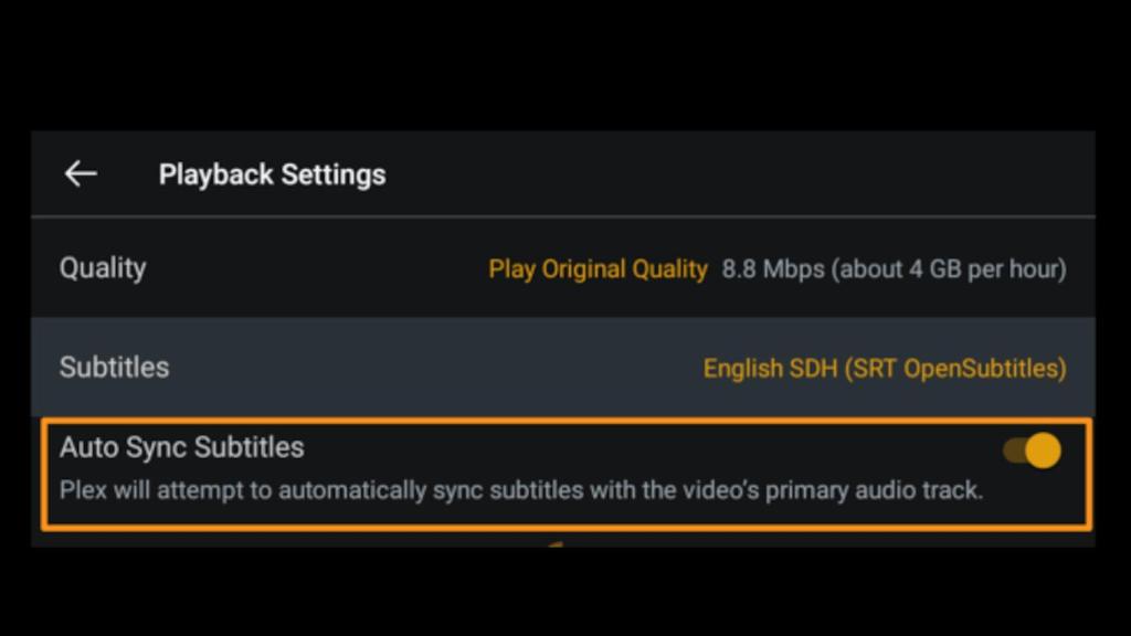 Opción para sincronizar subtítulos en la app de Plex para Android TV