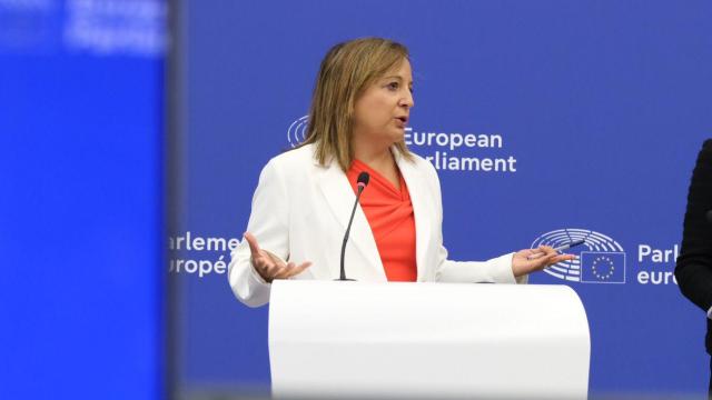 Iratxe García, la socialista española líder del grupo S&D en el Parlamento Europeo, este miércoles, en rueda de prensa.