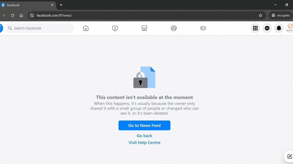 El mensaje de no disponible que muestra la página de Facebook de RT News.