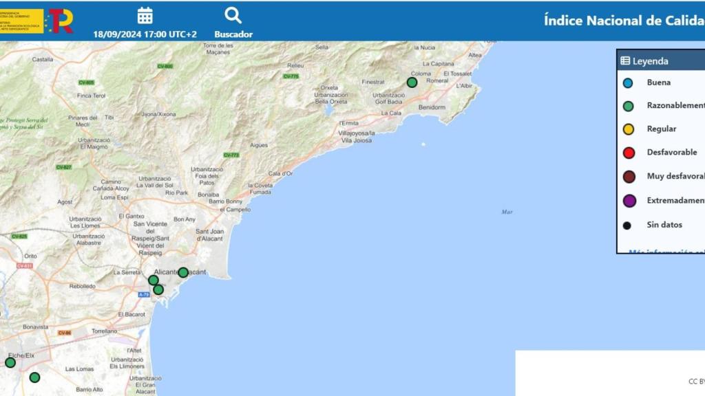 Calidad del aire en la ciudad de Alicante, ayer, según los medidores del Ministerio.