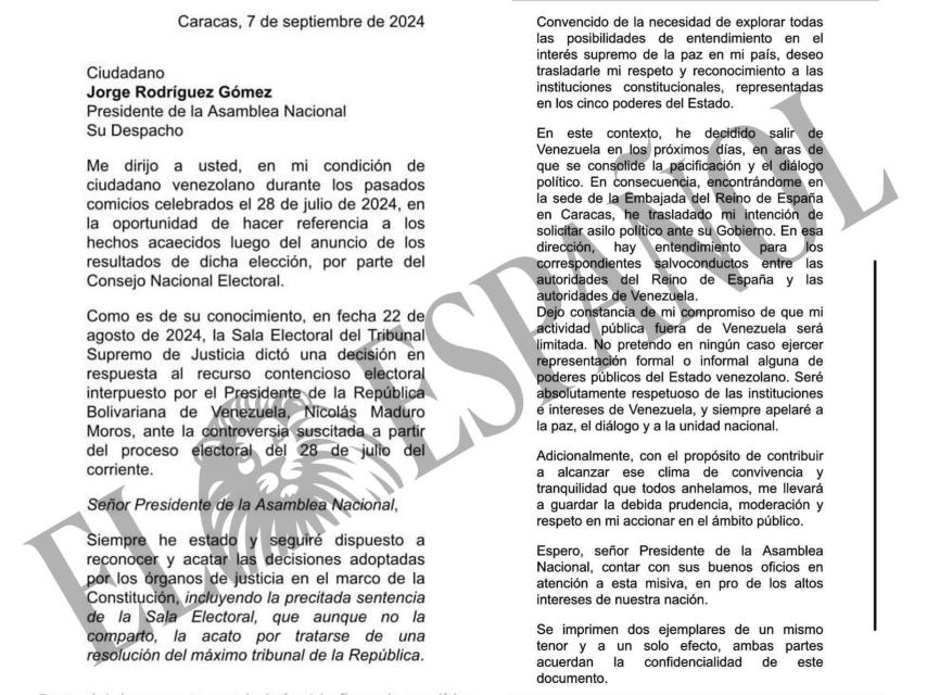 La carta firmada por Edmundo tras las presiones de Delcy Rodríguez y su hermano.