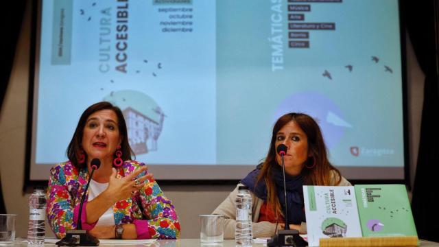 La consejera de Cultura, Sara Fernández, y María Uriol, gerente de Zaragoza Cultural, en la presentación de las actividades de Harinera ZGZ.