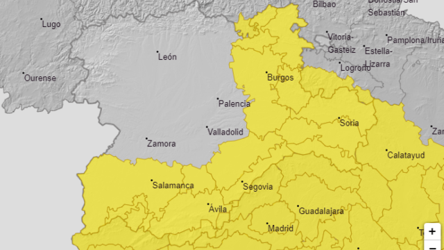 Imagen de las zonas afectadas por el aviso amarillo de la Aemet