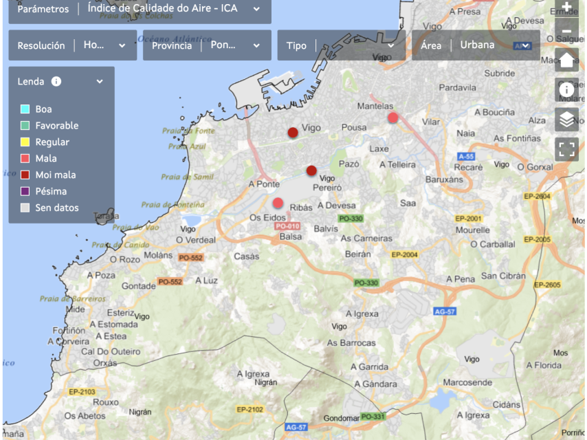 Mapa de calidad del aire de MeteoGalicia.
