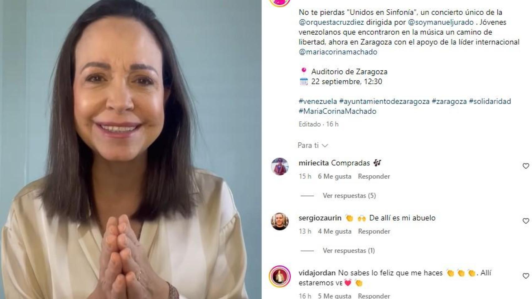 María Corina Machado, en su mensaje a Zaragoza.