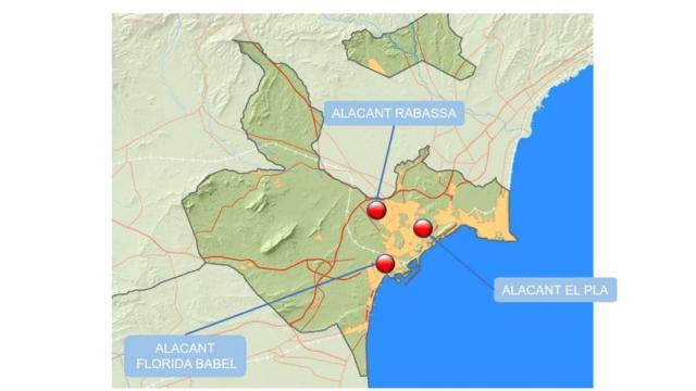 Localización de los medidores de calidad del aire en la ciudad de Alicante.