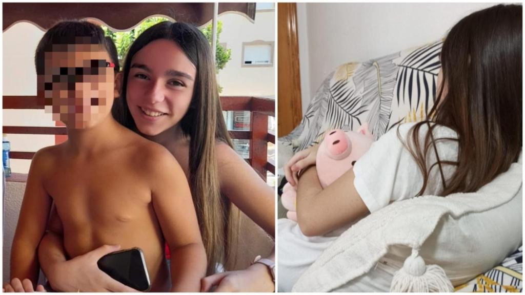 Sonia, este jueves, tumbada en el sofá del salón de su casa en la pedanía murciana de La Albatalía, junto a una imagen previa al accidente, cedida por su padre.