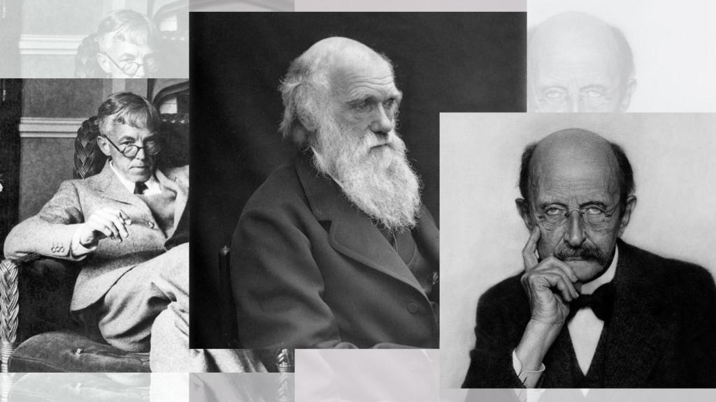 De Izquierda a derecha, G. H. Hardy, Charles Darwin y Max Planck.