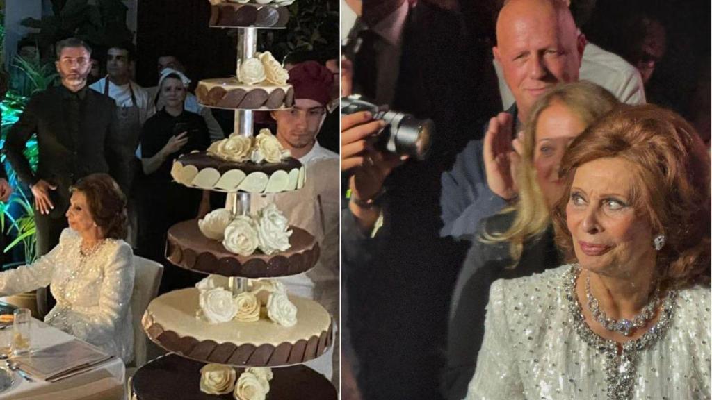 Dos momentos de la fiesta de cumpleaños de Sophia Loren, en Roma.