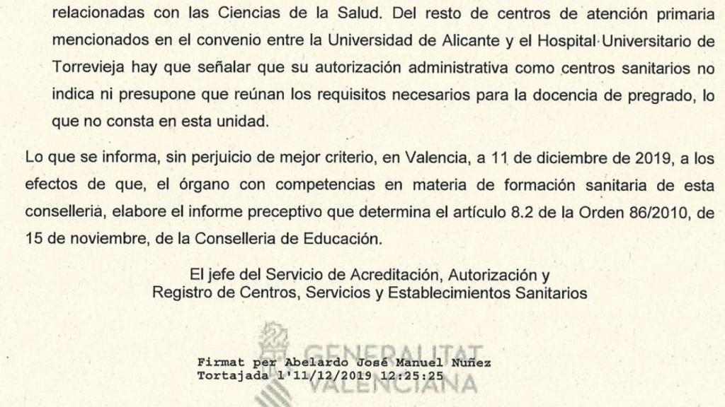 Escrito del  el Servicio de Acreditación,  Autorización y Registro de Centros, Servicios y Establecimientos Sanitarios del 11 de diciembre de 2019.