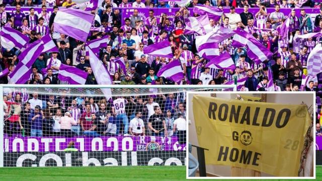 Imagen del estadio José Zorrilla y, en detalle, una de las banderas de 'Ronaldo Go Home' (@Sonia92A)