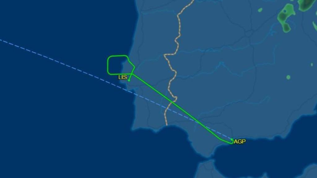 Imagen de la ruta que ha seguido el vuelo a Nueva York que ha salido de Málaga y ha aterrizado en Lisboa.