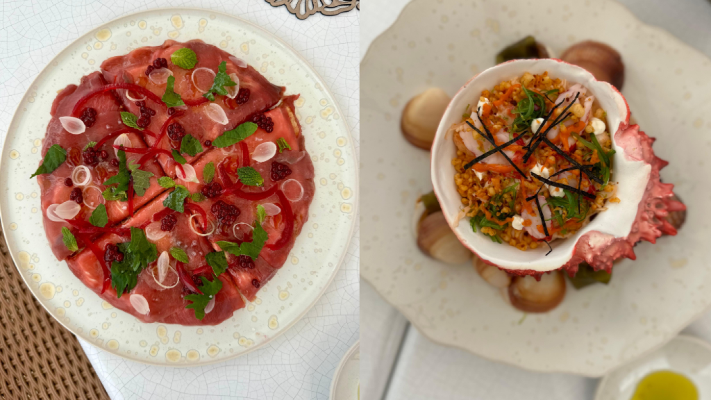 Coca de atún y salpicón de carabineros.