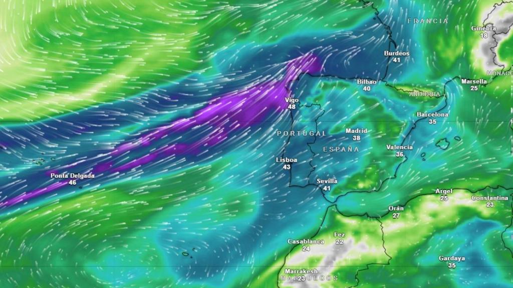 Imagen del río atmosférico que llegará a la Península Ibérica y afectará a Castilla y León esta semana