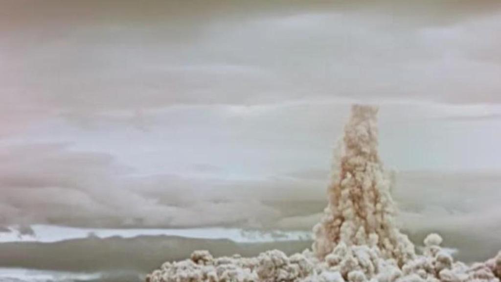 A cloud of smoke and dust rises into the sky after the detonation of the so-called Tsar Bomba.