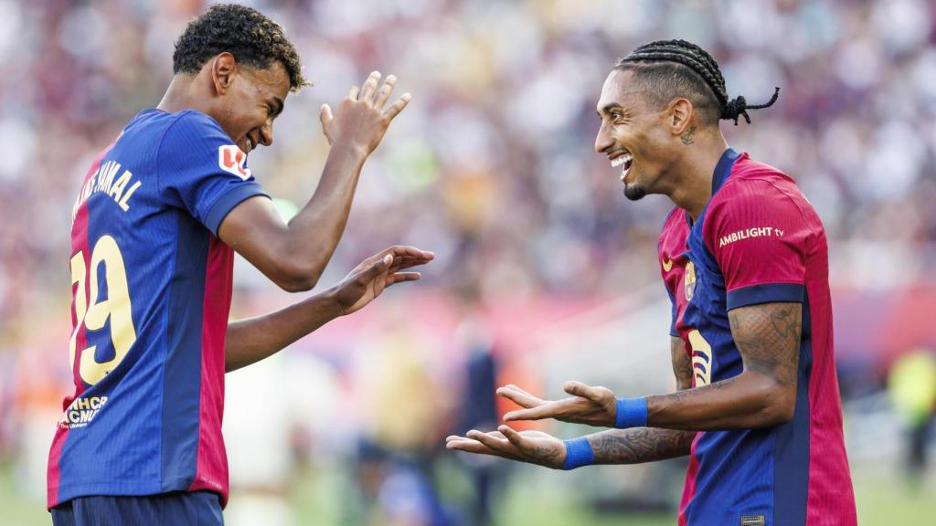 Lamine Yamal y Raphinha celebran un gol con el FC Barcelona