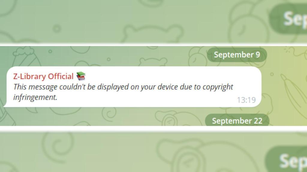 Mensaje borrado en Telegram por vulnerar el copyright