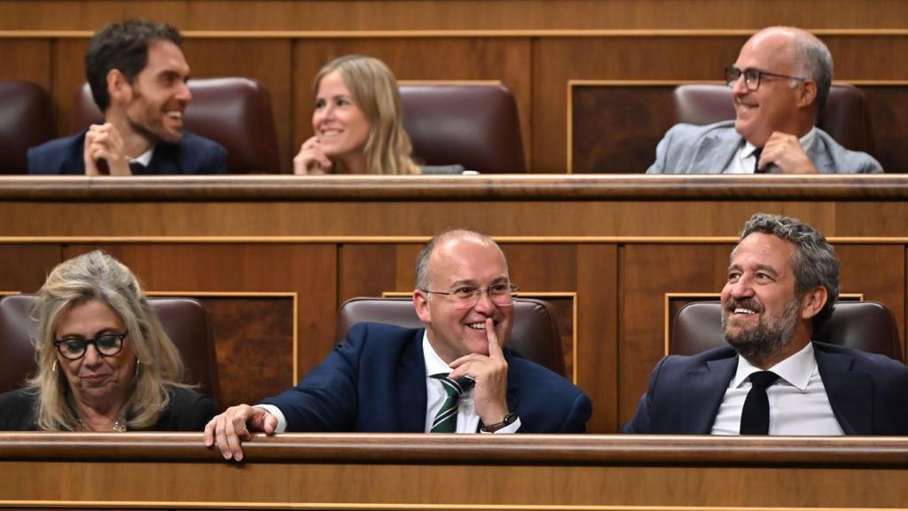 El portavoz parlamentario del PP, Miguel Tellado (c), asiste al pleno del Congreso de los Diputados celebrado este martes.