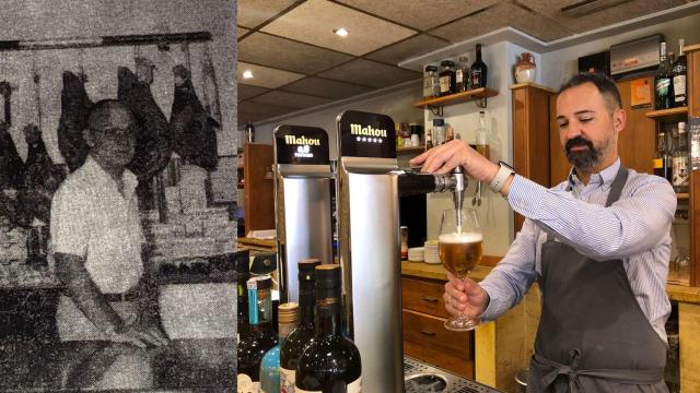 Francisco Campillo (d), dueño del Restaurante Carlos. A la izquierda, una foto de su abuelo dirigiendo el local a principios de los 80.