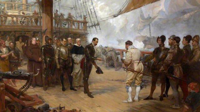 'La rendición de Pedro Valdés ante Francis Drake' , de John Seymour Lucas (1889).