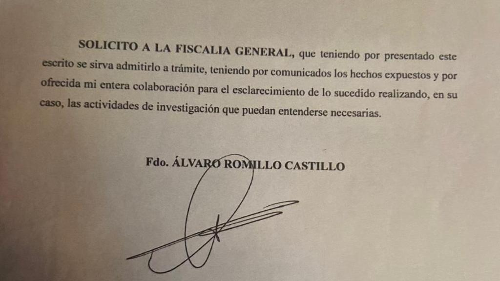 Imagen de la denuncia presentada por Álvaro Romillo Castillo ante la Fiscalía contra Alvise Pérez.