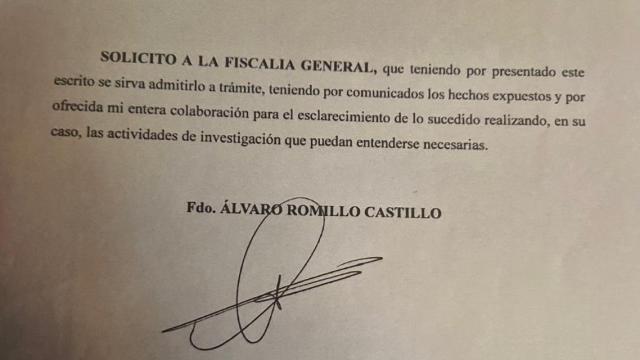 Imagen de la denuncia presentada por Álvaro Romillo Castillo ante la Fiscalía contra Alvise Pérez.