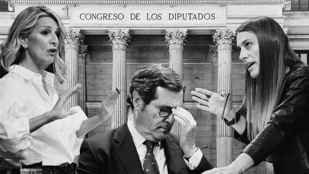 Yolanda Díaz, Antonio Garamendi y Míriam Nogueras.